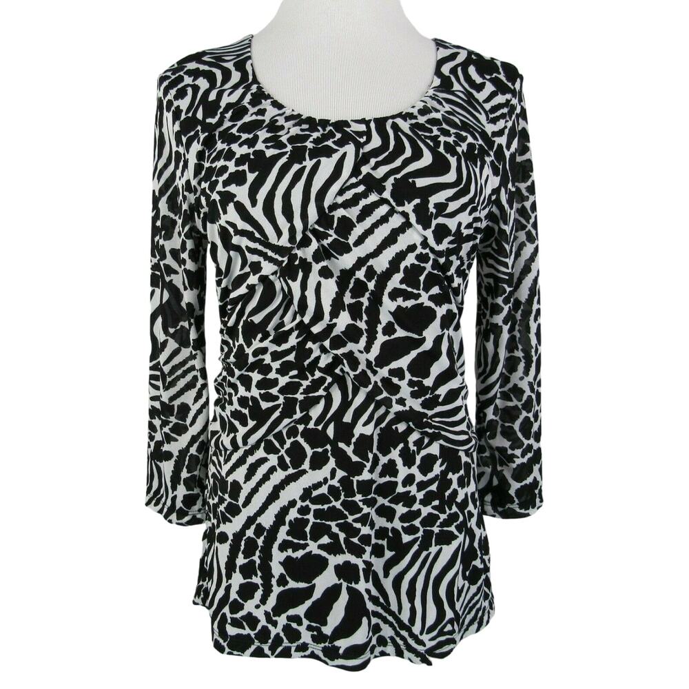 Fitted Ruched Blouse Stretch Scoop Neck Animal Print Size Medium Style & Co